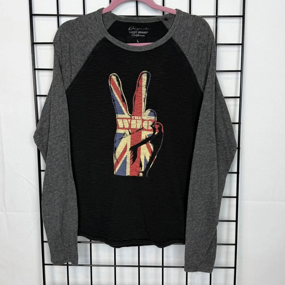 Lucky Brand The Who Double Sided Waffle Shirt Mens Black Baseball Sleeve Casual‎
